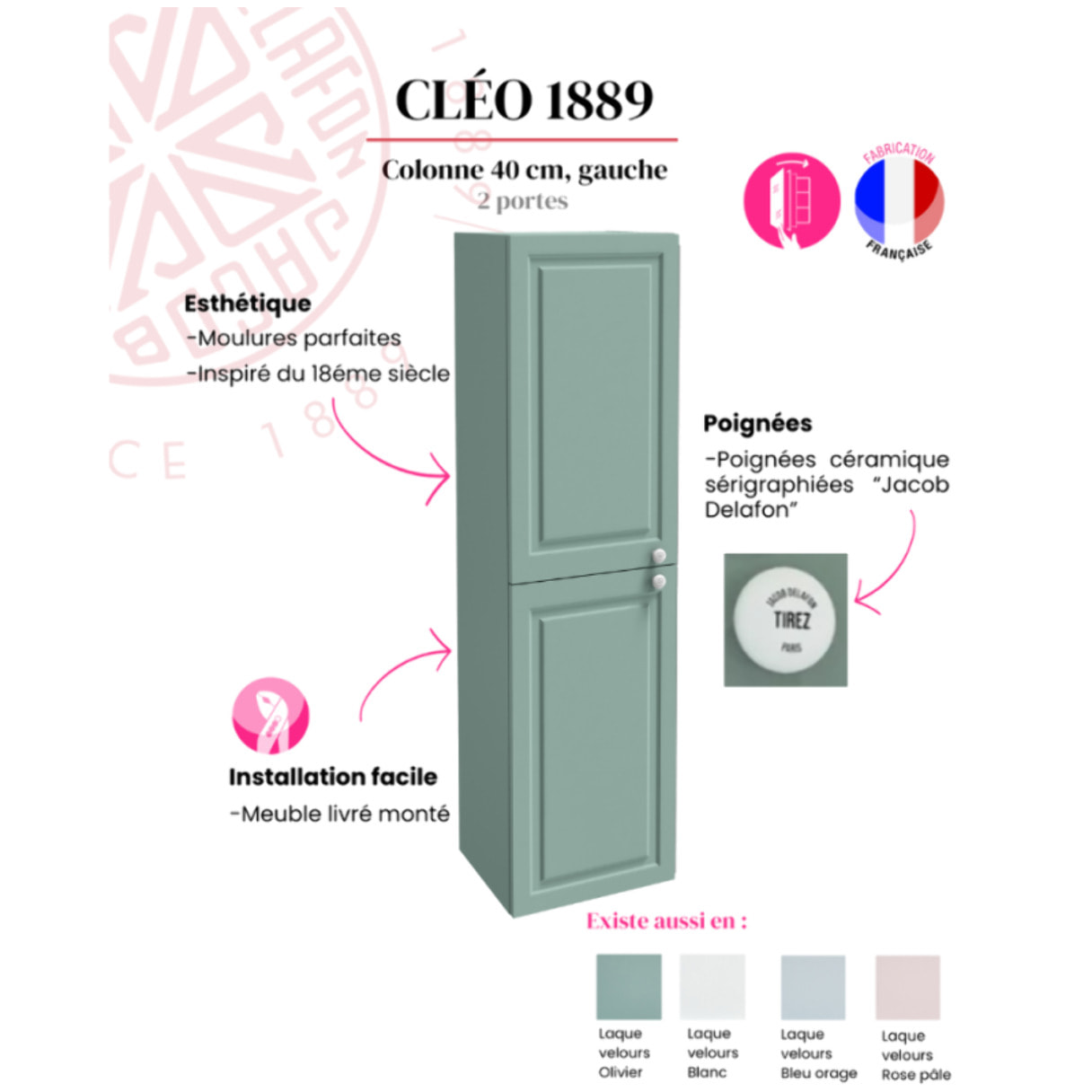 Colonne de salle de bain Cléo 1889 Vert olivier velours version gauche