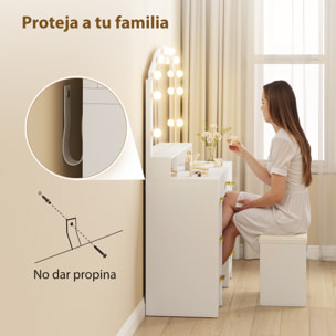Tocador con 10 Luces LED de 3 Colores, Tocador de Maquillaje con Espejo, Mesa de Maquillaje con 7 Cajones, 3 Compartimentos, Moderno, para Dormitorio, Salón, Blanco
