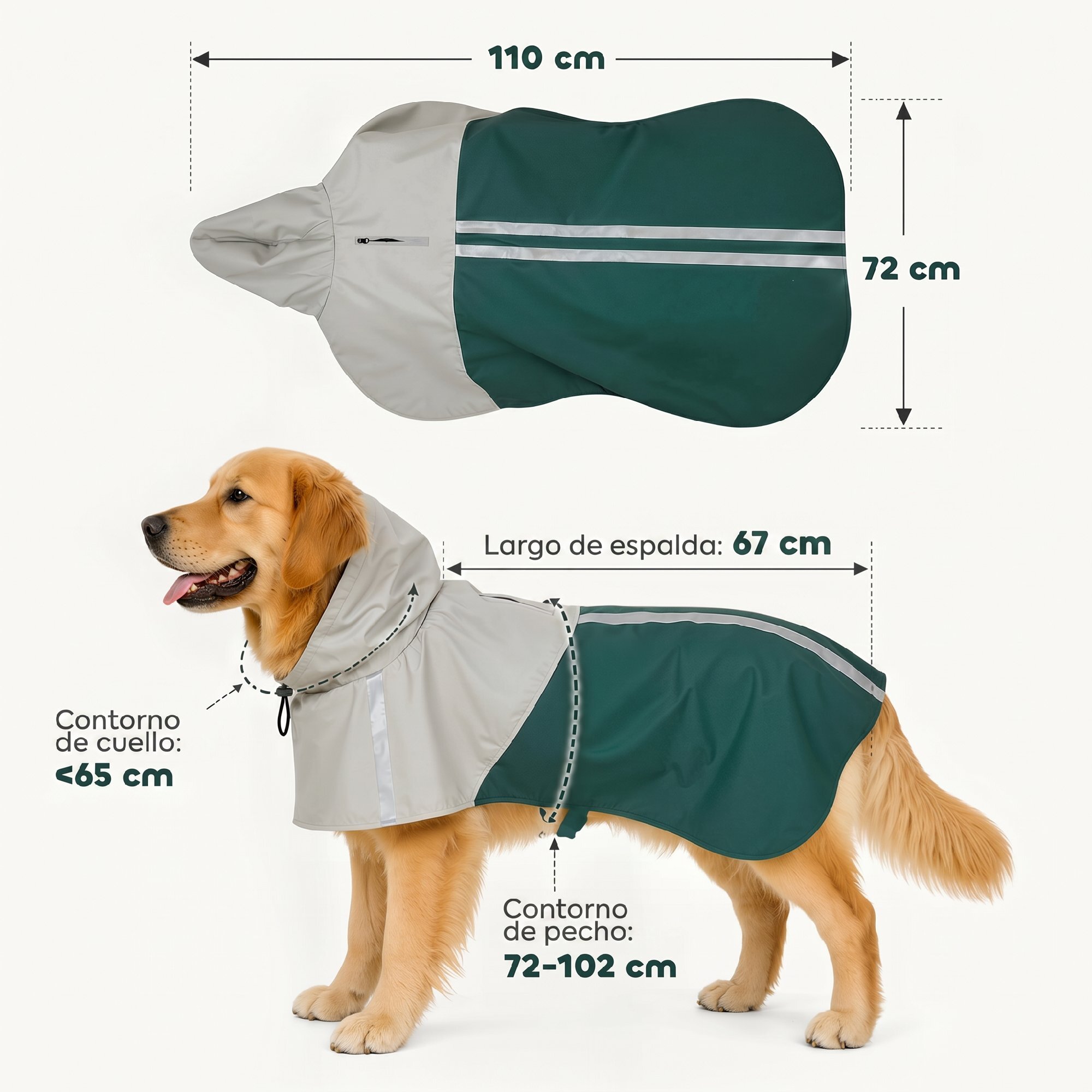 Impermeable para Perros con Capucha, Chubasquero Impermeable y Transpirable con Agujero para Correa, Tiras Reflectantes, Poncho Ajustable para Perros Grandes de 20-30 kg, L, Verde
