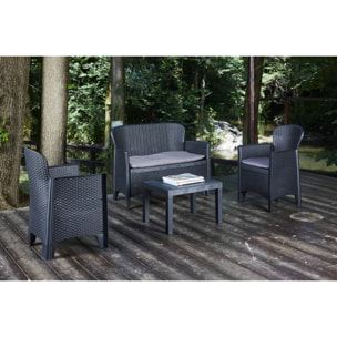 Set salotto da esterno Ostuni, Set da giardino con 2 poltrone, 1 divano ed 1 tavolino, Salottino effetto rattan con cuscini, 100% Made in Italy, Antracite