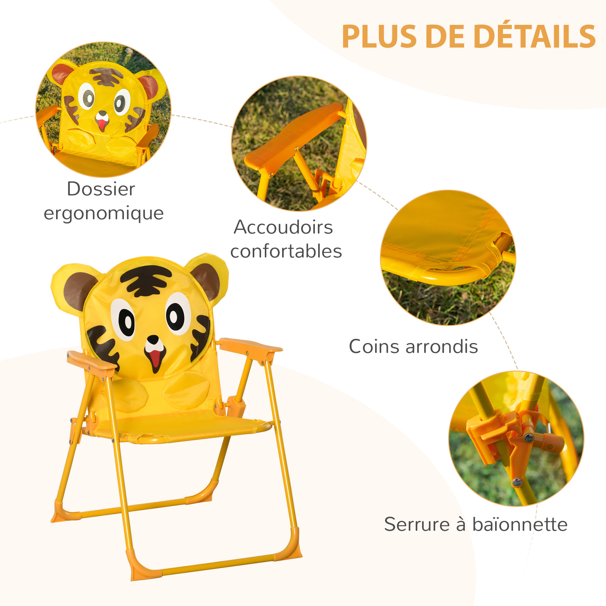 Ensemble salon de jardin enfant 4 pcs design tigre - table ronde + 2 chaises pliables + parasol - métal époxy oxford jaune