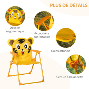 Ensemble salon de jardin enfant 4 pcs design tigre - table ronde + 2 chaises pliables + parasol - métal époxy oxford jaune