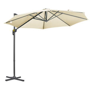 Sombrilla de Jardín Ø300x250 cm Parasol Excéntrico de Aluminio con Manivela Toldo Inclinable Giratorio 360° con Pedal y Base Cruzada para Patio Terraza Crema