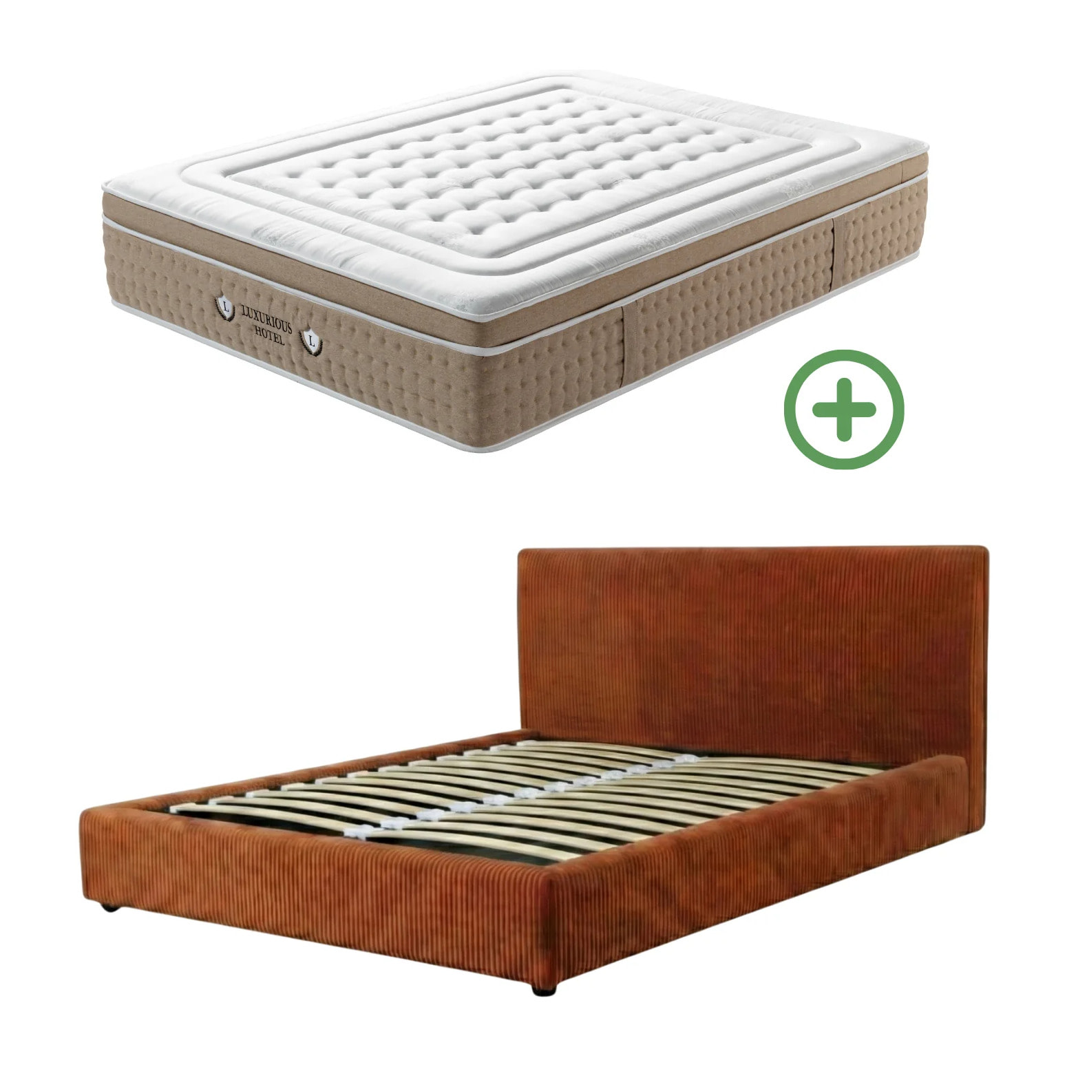 Ensemble matelas Bali & lit coffre Colisée | Mémoire de forme et ressorts ensachés | Grande capacité de stockage | Velours côtelé | Terracotta
