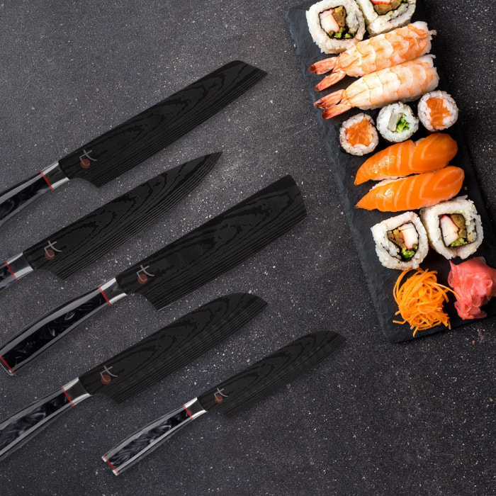 Set de 5 cuchillos japoneses tetsu y tabla de cortar 40x25x1,6cm masterpro