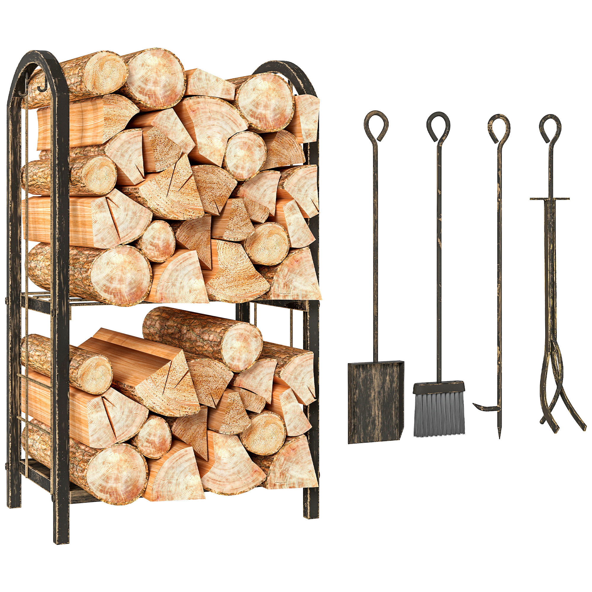 Outsunny Estante de Leña de Metal, Leñero Exterior de 2 Niveles con 4 Herramientas para Chimenea y Ganchos, Soporte para Leña de Chimenea para Interior y Exterior, Carga 100 kg, 43x30x74 cm, Marrón