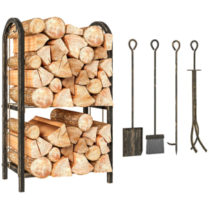 Outsunny Estante de Leña de Metal, Leñero Exterior de 2 Niveles con 4 Herramientas para Chimenea y Ganchos, Soporte para Leña de Chimenea para Interior y Exterior, Carga 100 kg, 43x30x74 cm, Marrón