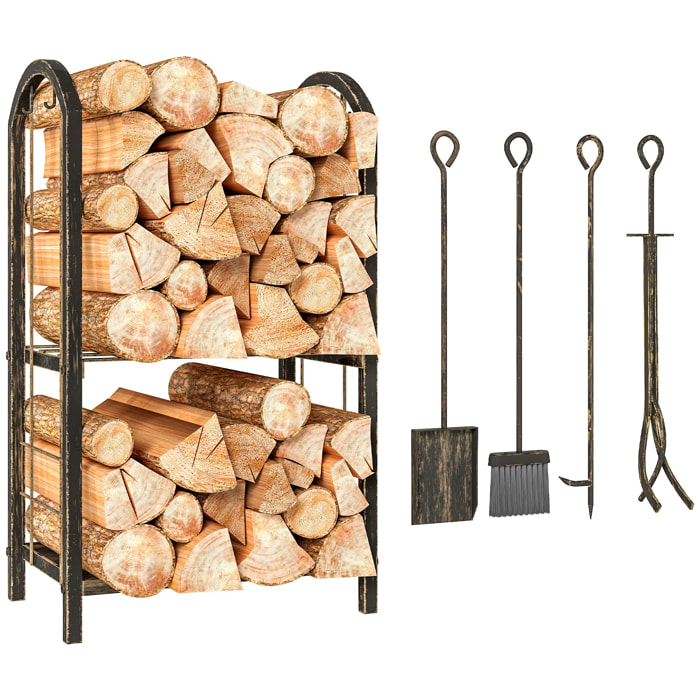 Outsunny Estante de Leña de Metal, Leñero Exterior de 2 Niveles con 4 Herramientas para Chimenea y Ganchos, Soporte para Leña de Chimenea para Interior y Exterior, Carga 100 kg, 43x30x74 cm, Marrón