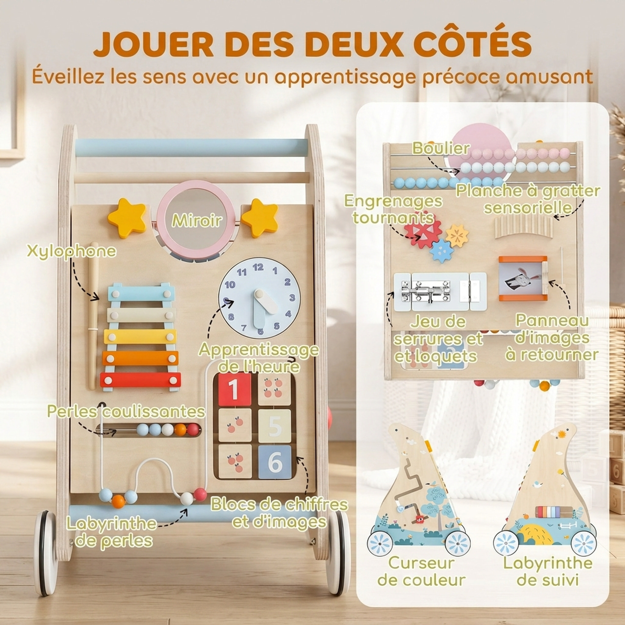 Chariot de marche en bois trotteur bébé avec tableau d'activités