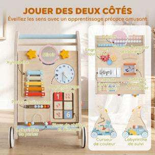 Chariot de marche en bois trotteur bébé avec tableau d'activités