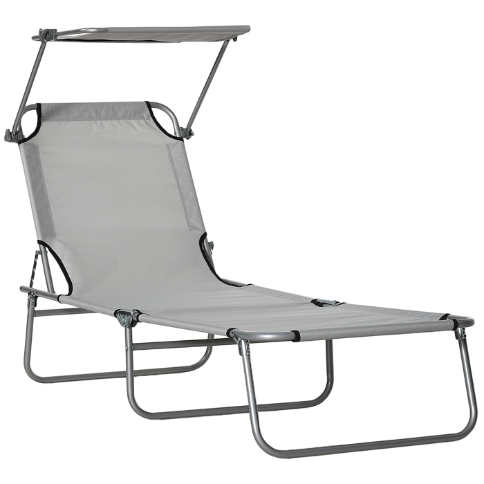 Tumbona de jardín Plegable con Toldo Desmontable y Regulable Respaldo Reclinable para Jardín Terraza Acampada al Aire Libre 187x58x36 cm Gris Claro