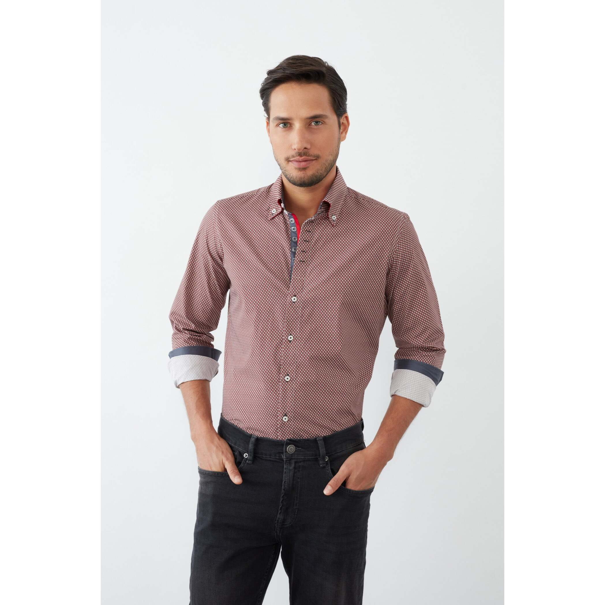 Camicia Uomo 2 Bottoni Button Down Slim Popeline Stampato Bordeaux e Panna