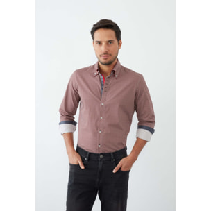 Camicia Uomo 2 Bottoni Button Down Slim Popeline Stampato Bordeaux e Panna
