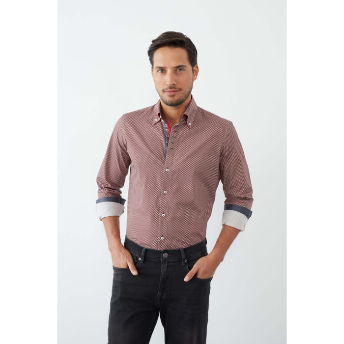 Camicia Uomo 2 Bottoni Button Down Slim Popeline Stampato Bordeaux e Panna