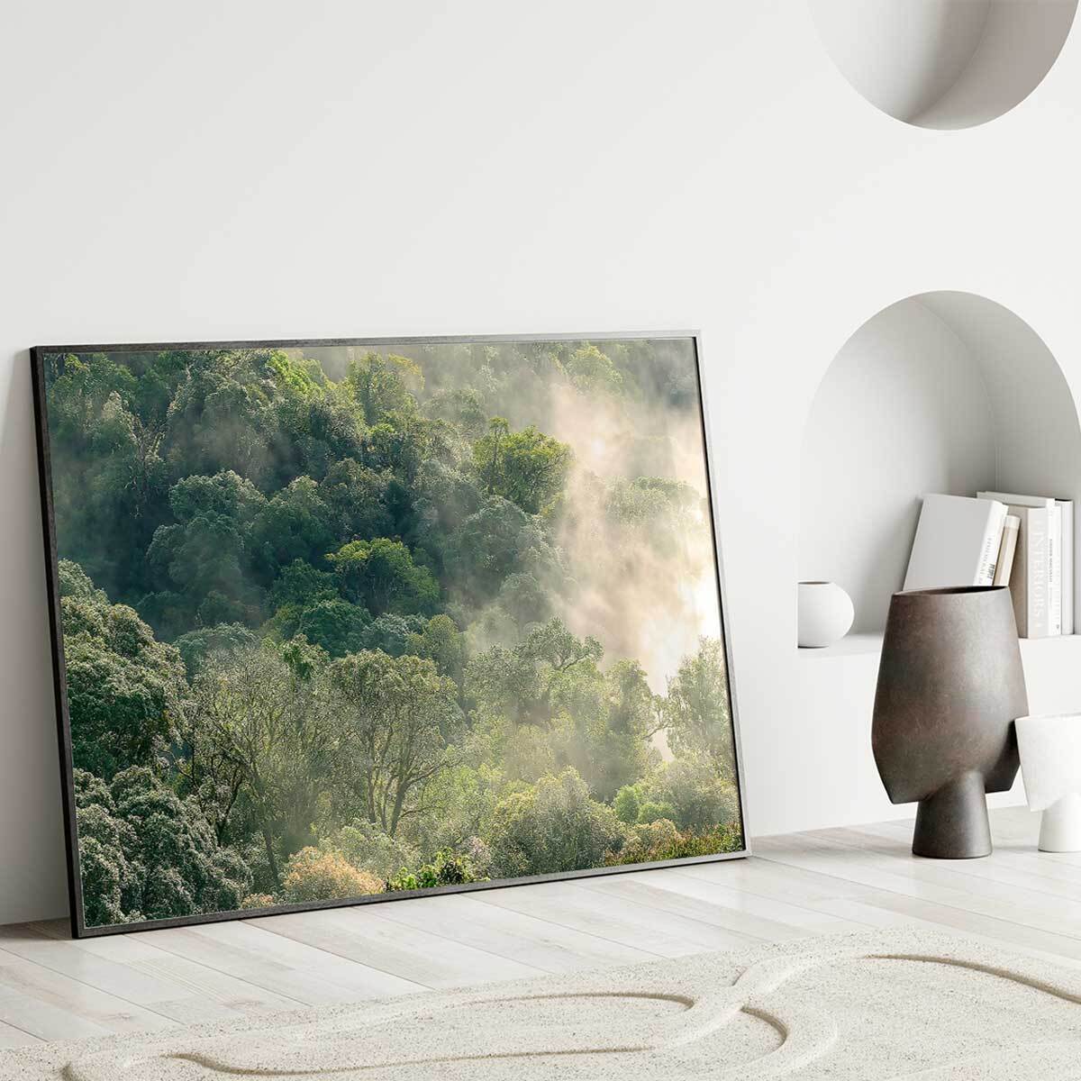 Affiche encadrée forêt brumeuse et lumière douce Affiche + cadre en métal - Noir