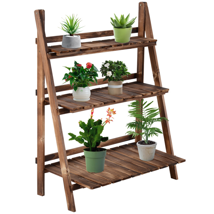 Étagère à plantes forme pyramidale échelle pliante avec 3 étagères - dim. 80L x 37l x 93H cm - bois sapin traité carbonisation