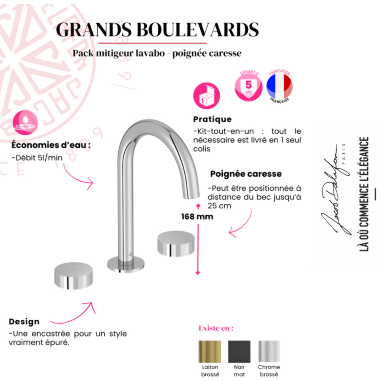 Pack mitigeur lavabo 3 trous L Grands Boulevards laiton brossé avec mécanisme complet