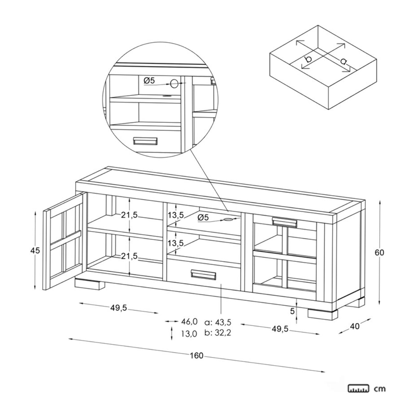 Meuble tv Kenia -bois massif de mindi et placage naturel de mindi-couleur teck 160 x 60 x 40 cm