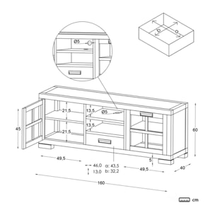 Meuble tv Kenia -bois massif de mindi et placage naturel de mindi-couleur teck 160 x 60 x 40 cm