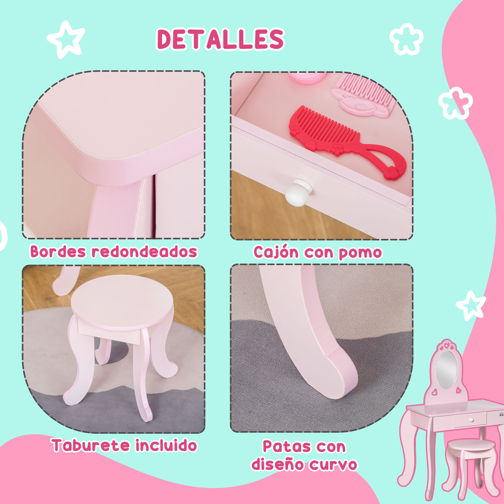 Tocador Infantil de Madera para Niñas 3-6 Años con Taburete y Espejo 60x36x88 cm