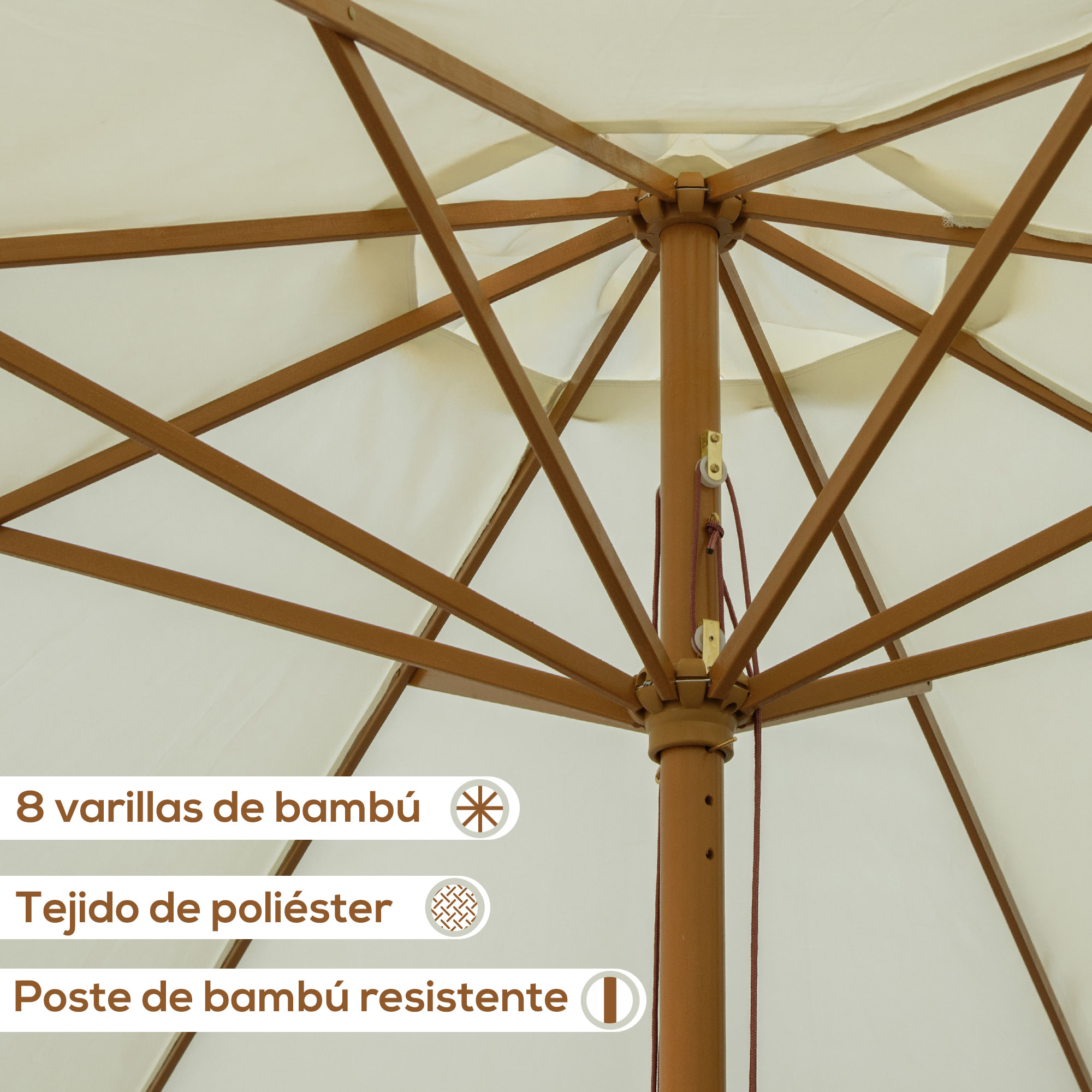 Sombrilla de Jardín Ø325x250 cm Parasol de Madera con Sistema de Polea Techo de Ventilación y 8 Varillas de Bambú para Terraza Balcón Exterior Beige