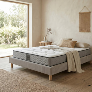 Ensemble matelas Univers & sommier Cancun | Mémoire de forme et ressorts ensachés | Cadre à lattes | Velours côtelé | Gris clair