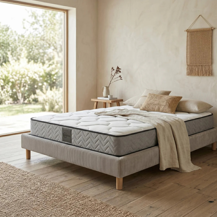 Ensemble matelas Univers & sommier Cancun | Mémoire de forme et ressorts ensachés | Cadre à lattes | Velours côtelé | Gris clair