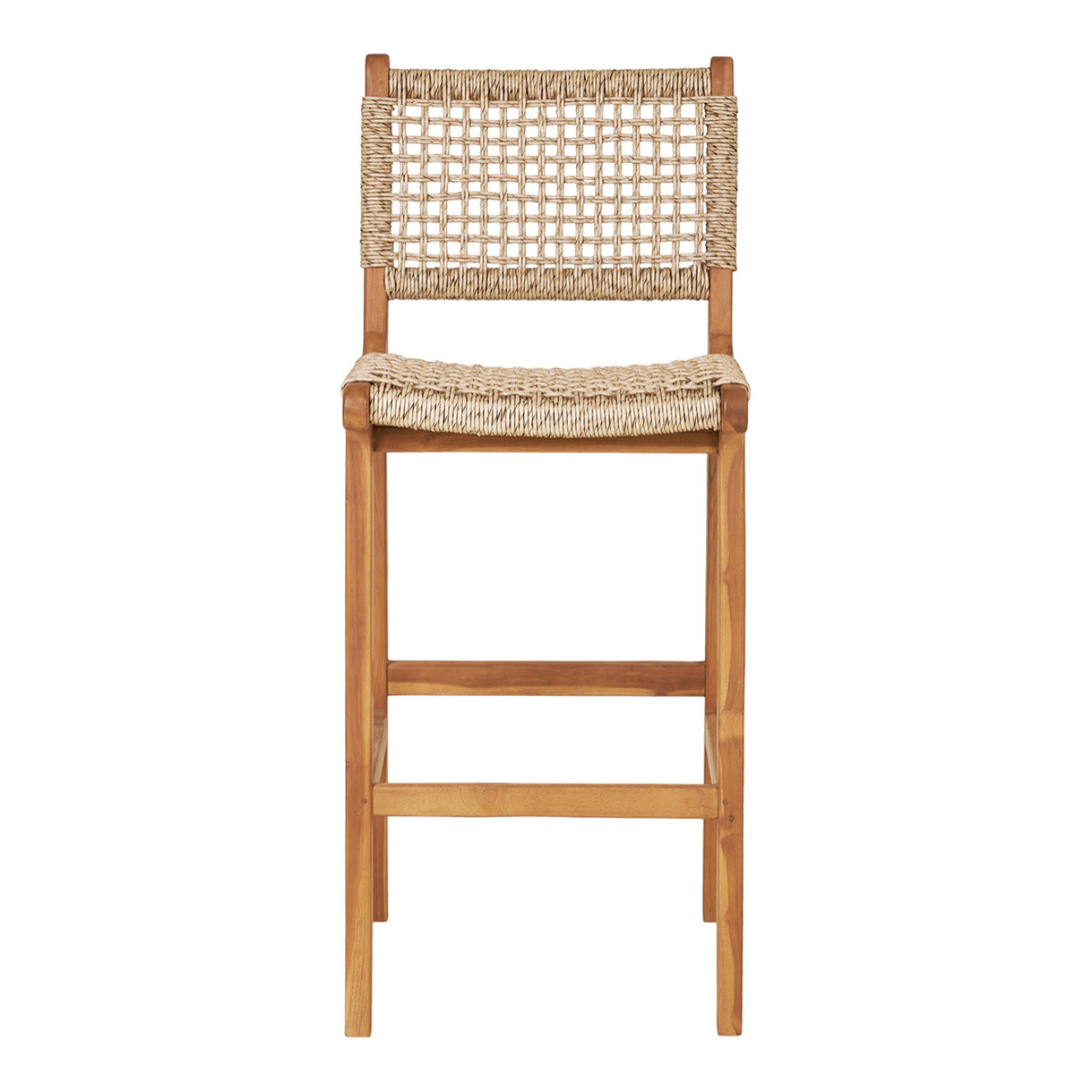 Sgabello da banco Derby in teak naturale con intreccio in rattan PE