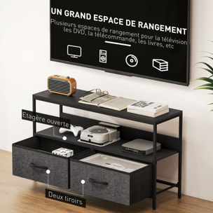 Meuble TV bas sur pieds style industriel 2 tiroirs tissu gris acier MDF noir