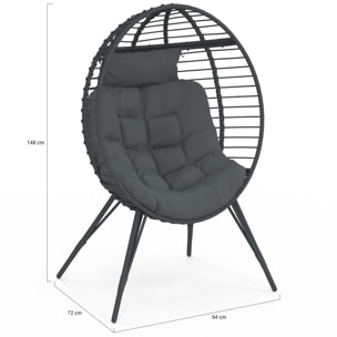 Fauteuil œuf sur pied effet rotin gris avec coussin