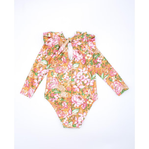 Bañador de manga larga de ocre flore rosa, con volantes.