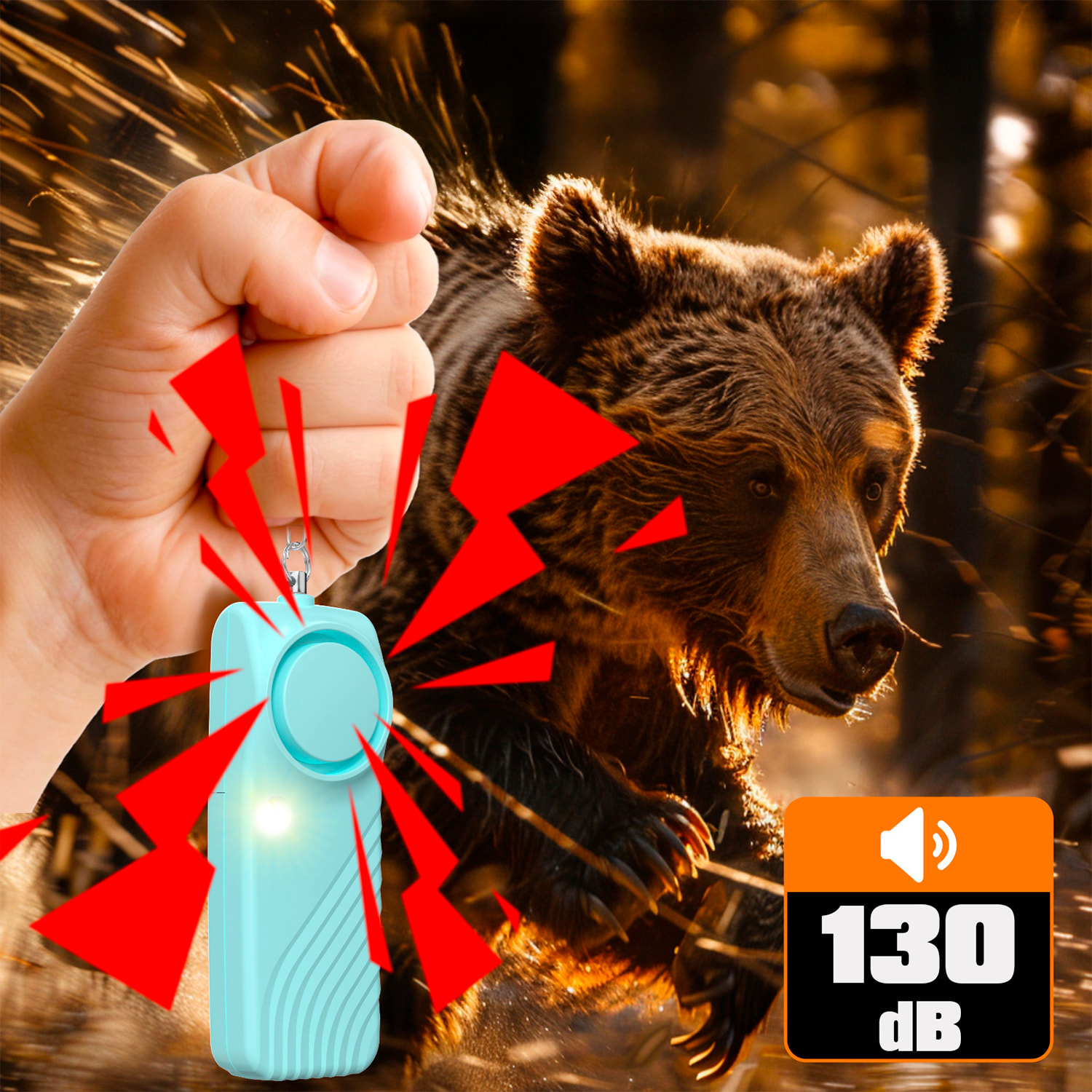 Allarme SOS personale con luce LED brillante e suono di 130dB. Batteria AAA inclusa e attivazione rapida tirando l'anello.