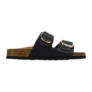 Sandalias planas negras en piel con doble hebilla