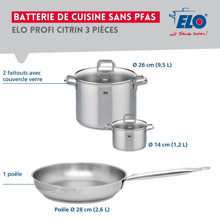 Ensemble de 1 Poêle de cuisson 28 cm et 2 faitouts 14 et 26 cm Elo Profi Citrin