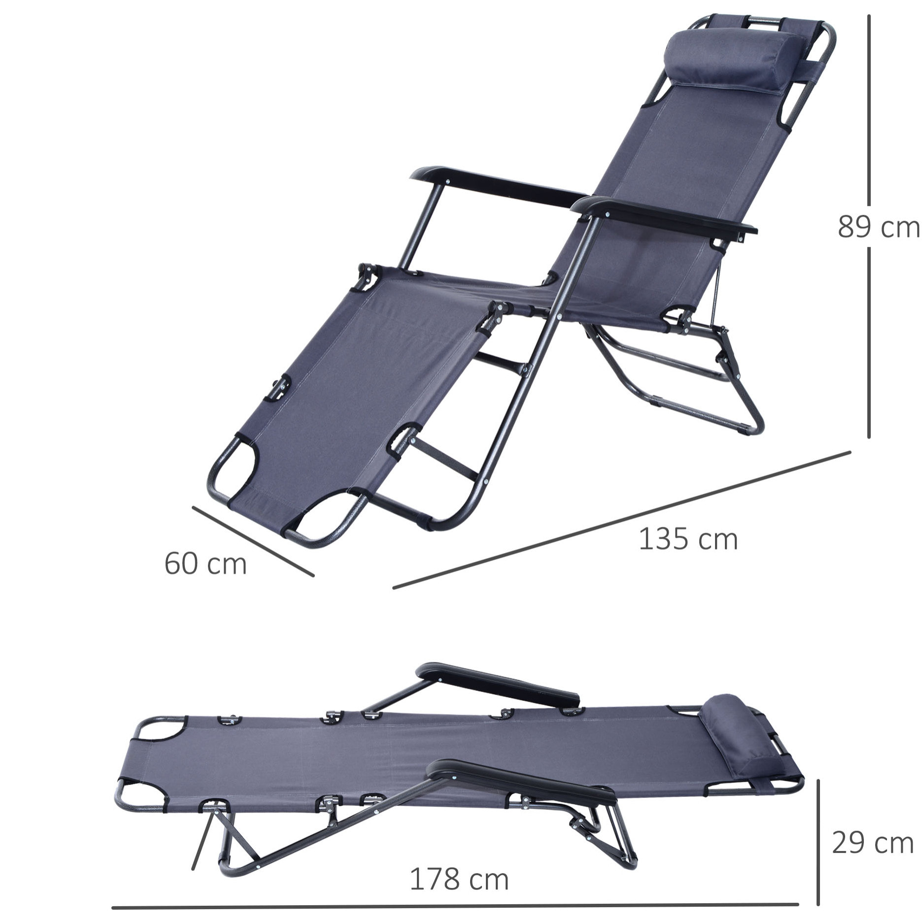 Tumbona Inclinable Acero Plegable con Almohada Playa Camping Piscina Hamaca 178x60x29cm Gris