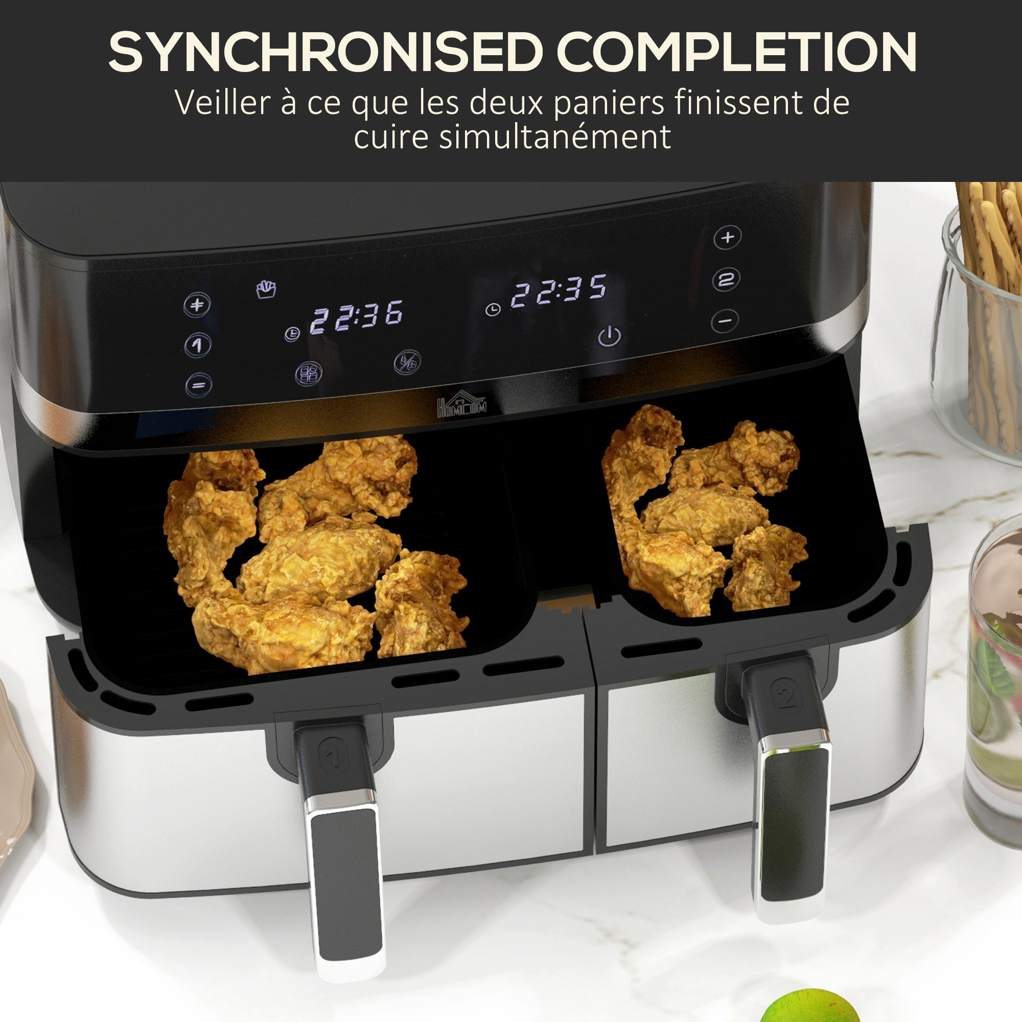 Friteuse à air 2700W - air fryer - double compartiment 8,5L - 8 programmes, température réglable, timer, 2 paniers - noir