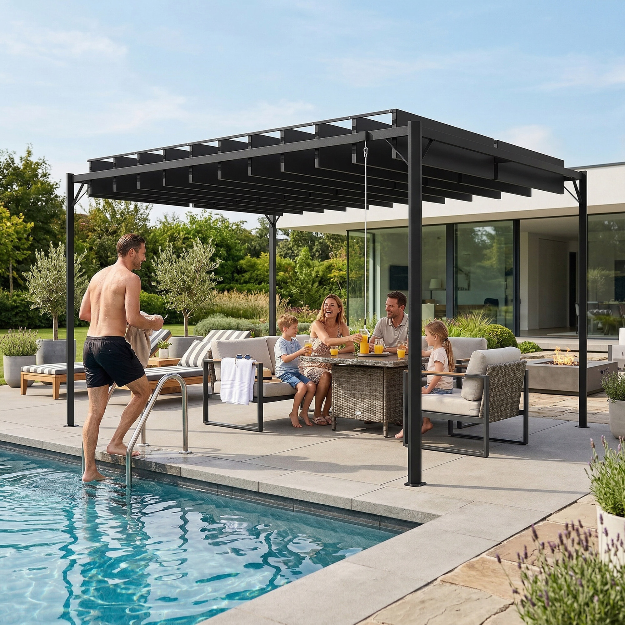 Pérgola de Jardín 3x4 m, Cenador de Jardín con Techo de Lamas Orientables, Estructura de Metal, Protección UPF50+, Pabellón para Exterior, Patio, Terraza, Gris Oscuro