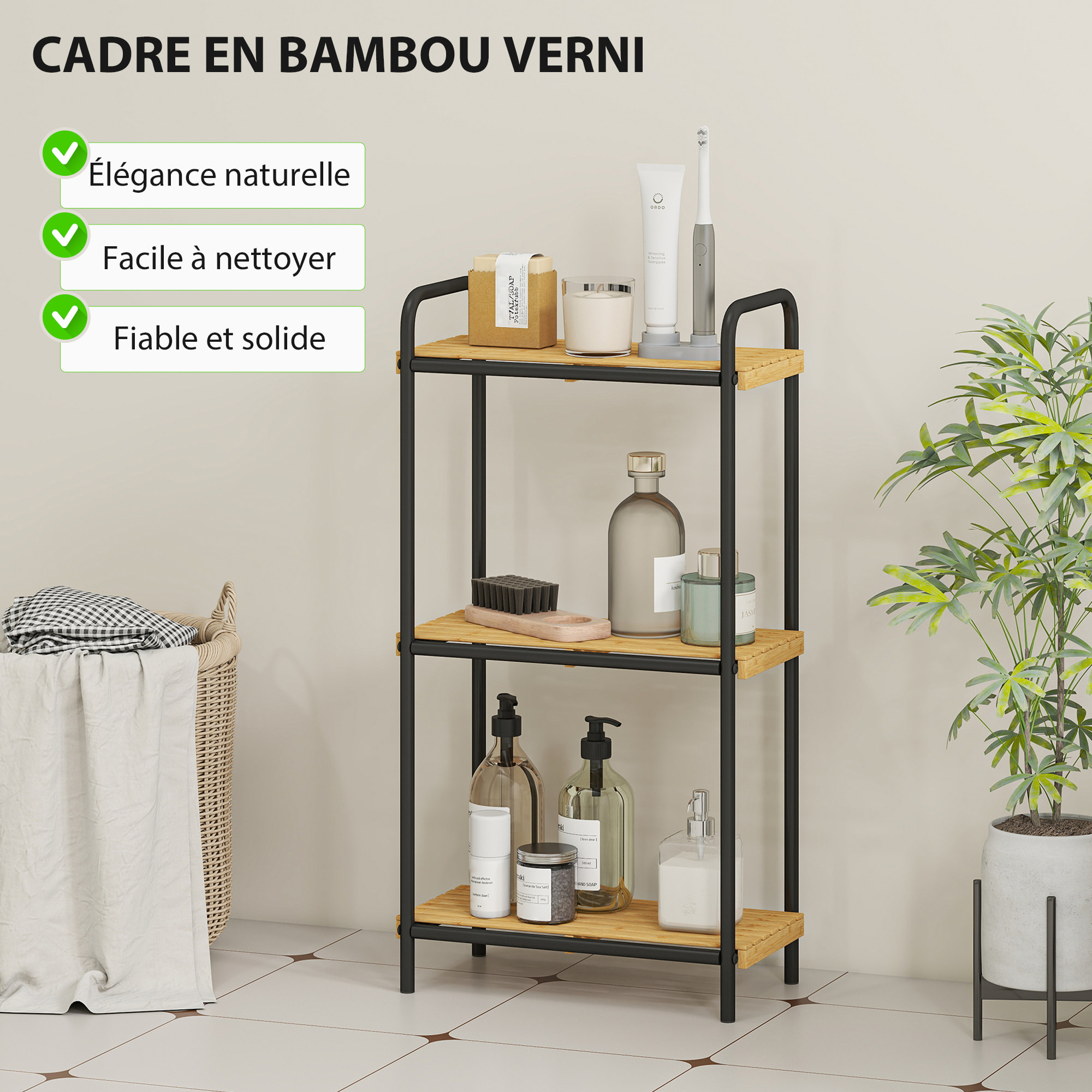 Étagère salle de bain bambou, 3 niveaux, étagère de rangement étroite autoportante cadre en acier pour salon, salle à manger, balcon, cuisine, 41,5 x 21,5 x 77,5 cm, noir et effet bois naturel