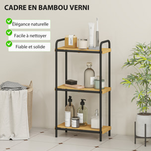 Étagère salle de bain bambou, 3 niveaux, étagère de rangement étroite autoportante cadre en acier pour salon, salle à manger, balcon, cuisine, 41,5 x 21,5 x 77,5 cm, noir et effet bois naturel