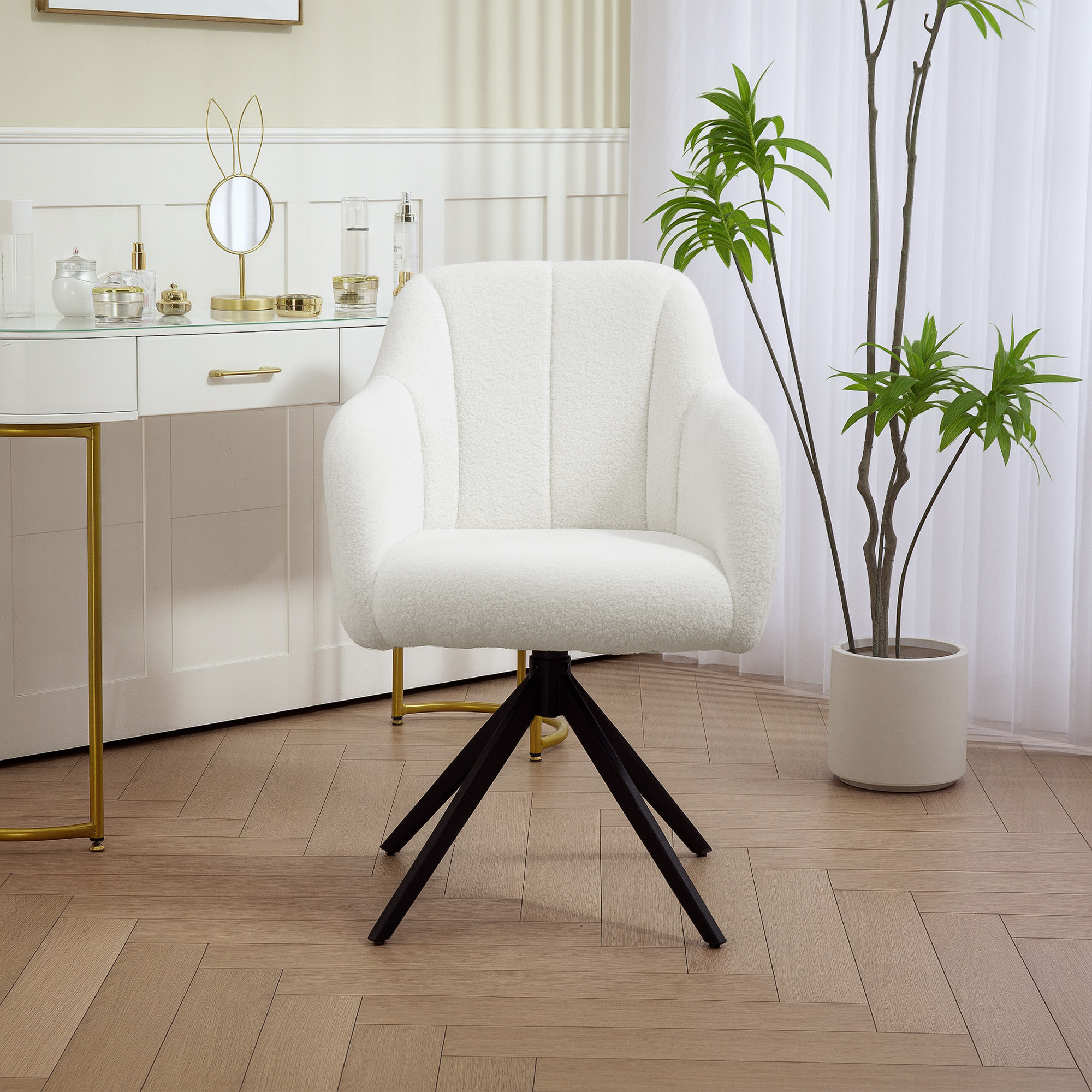Fauteuil design piètement acier noir 4 branches effet laine bouclée blanc