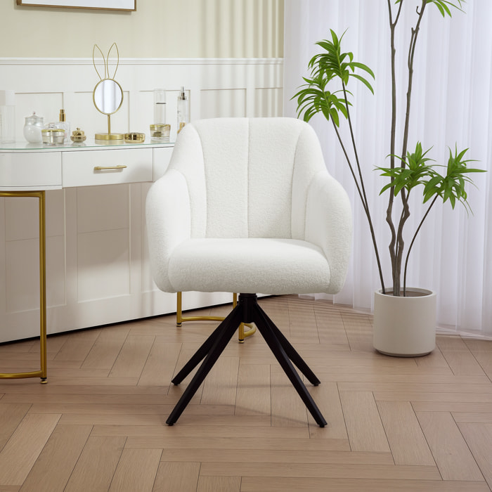 Fauteuil design piètement acier noir 4 branches effet laine bouclée blanc