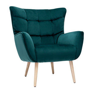 Fauteuil scandinave en tissu velours bleu pétrole et bois clair AVERY