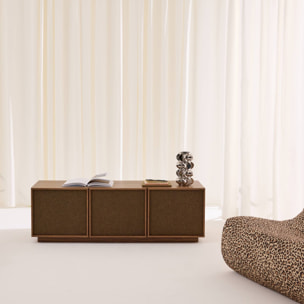 Meuble TV décor bois et tissu 3 portes 140cm KUBA
