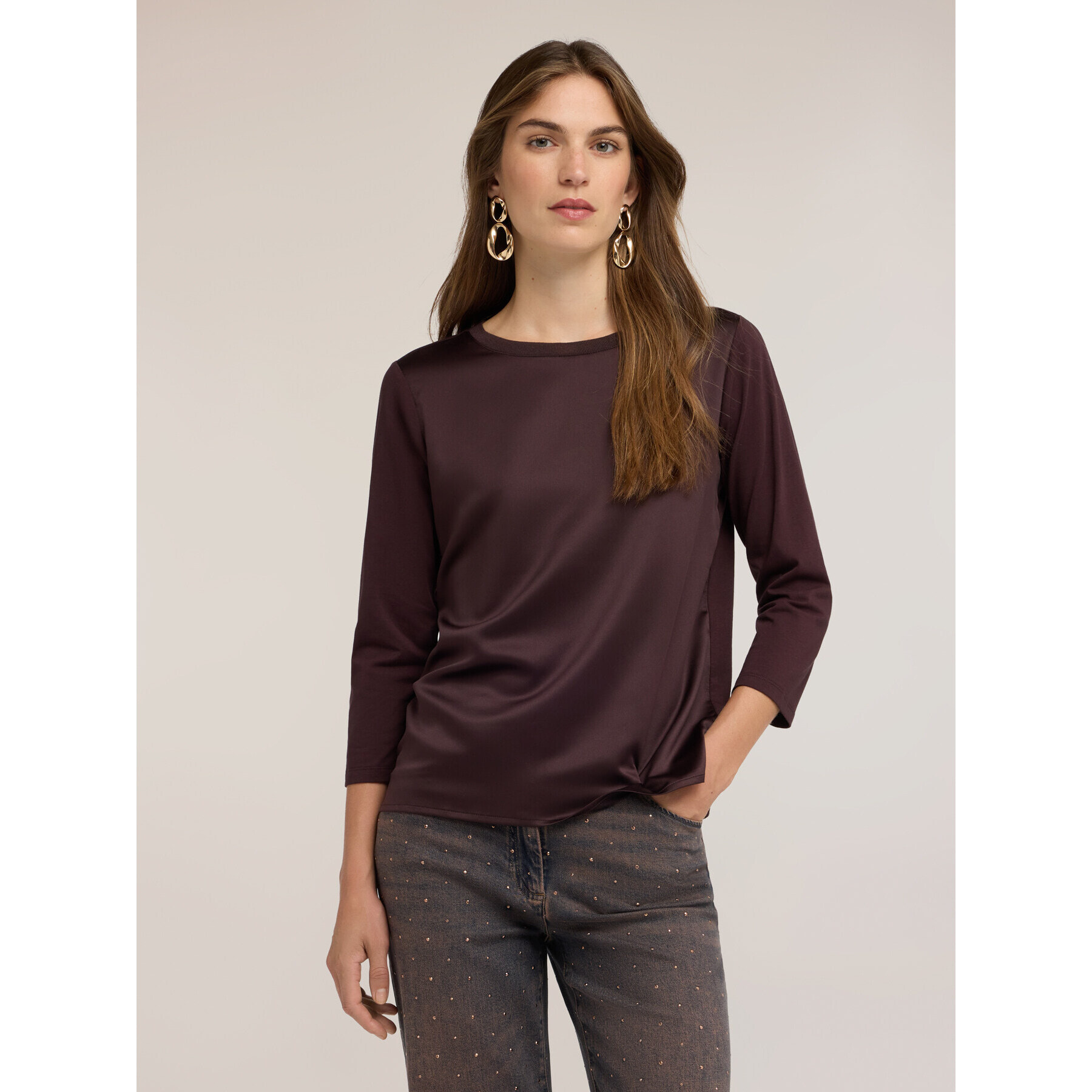 Motivi - T-shirt bimaterica a maniche tre quarti - Marrone