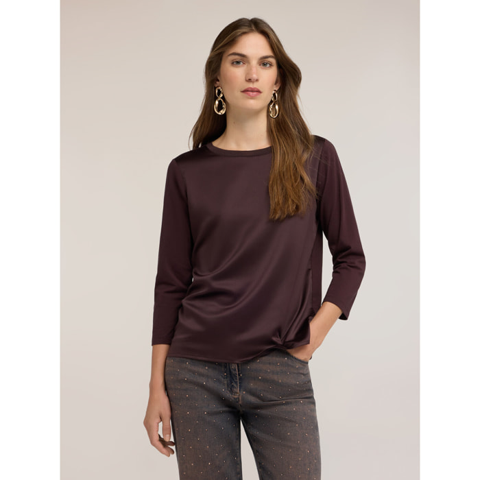 Motivi - T-shirt bimaterica a maniche tre quarti - Marrone