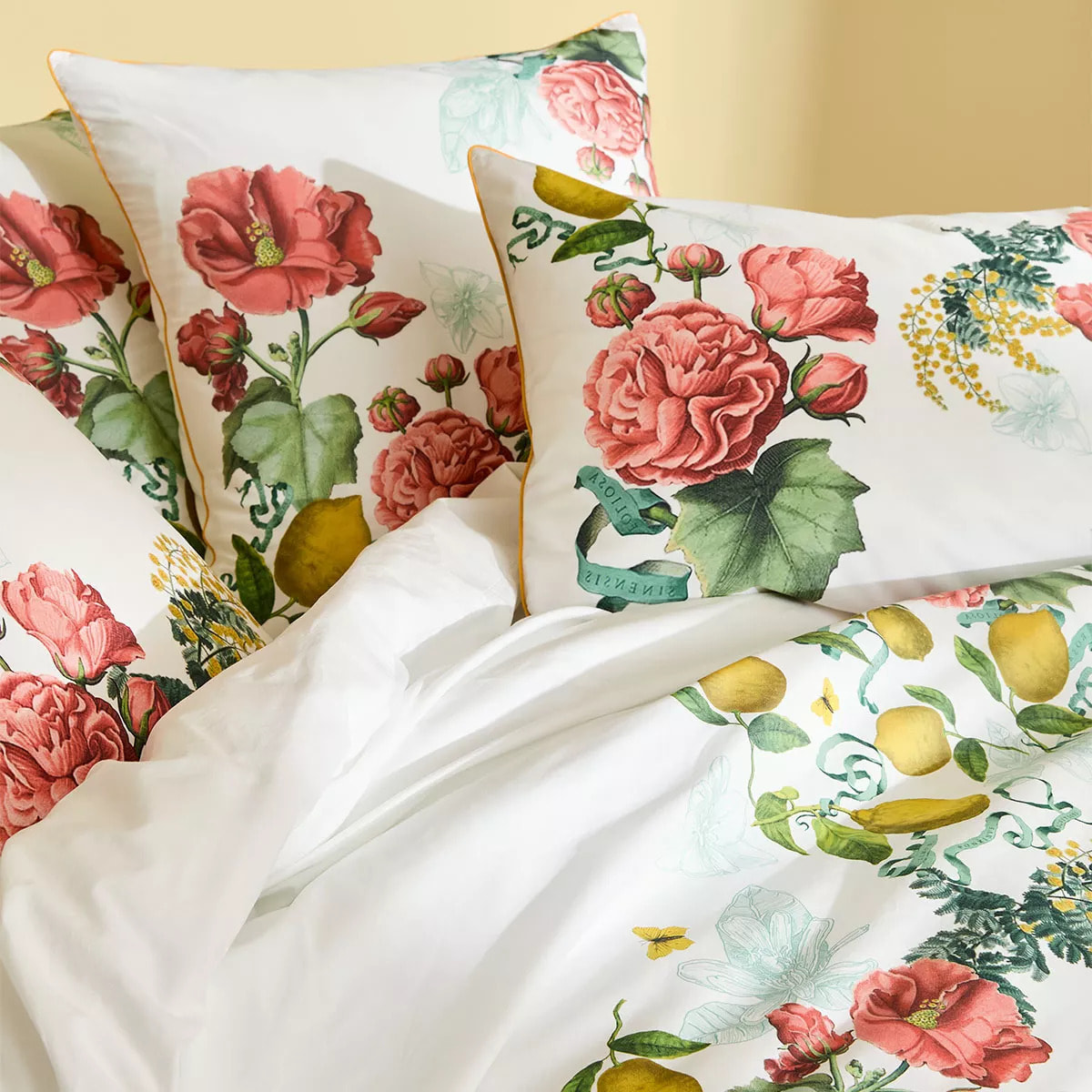Housse de couette percale de coton lavé imprimé rose jaune Citrons de menton romance