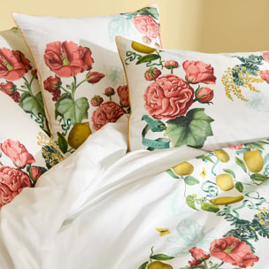 Housse de couette percale de coton lavé imprimé rose jaune Citrons de menton romance