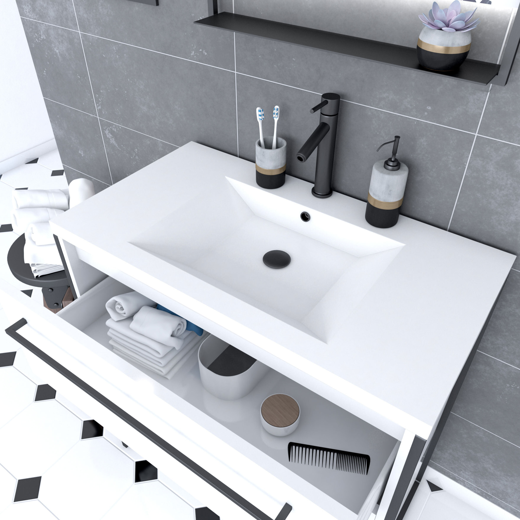 Pack meuble de salle de bain 80x50cm Blanc - 2 tiroirs - vasque blanche et miroir noir mat LED