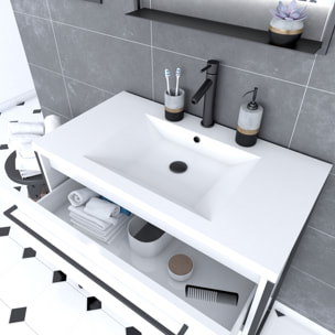Pack meuble de salle de bain 80x50cm Blanc - 2 tiroirs - vasque blanche et miroir noir mat LED