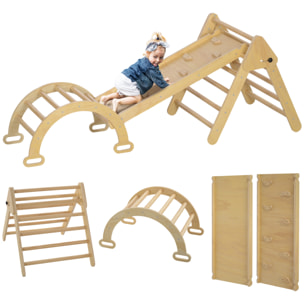 5 en 1 Triángulo de Escalada Montessori con Arco y Rampa, Escalada para Niños de Madera Plegable, para 18-48 Meses, para Deslizarse o Escalar, 178x64,5 cm, Madera Natural